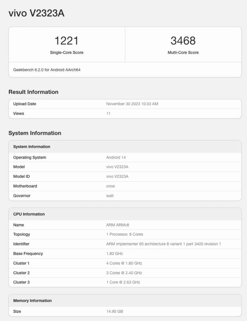 Vivo S18 - Geekbench Listing